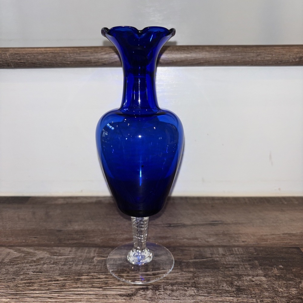 Vintage Napco Glass 8" Bud Vase Blue w Clear Twist Stem